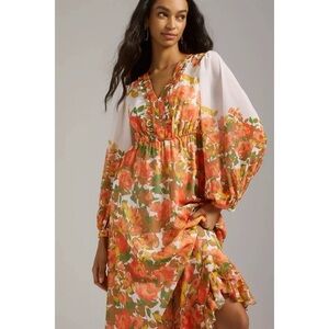 Anthropologie Vineet Bahl Floral Print Long Sleeve Maxi Dress White/Orange Sz XS